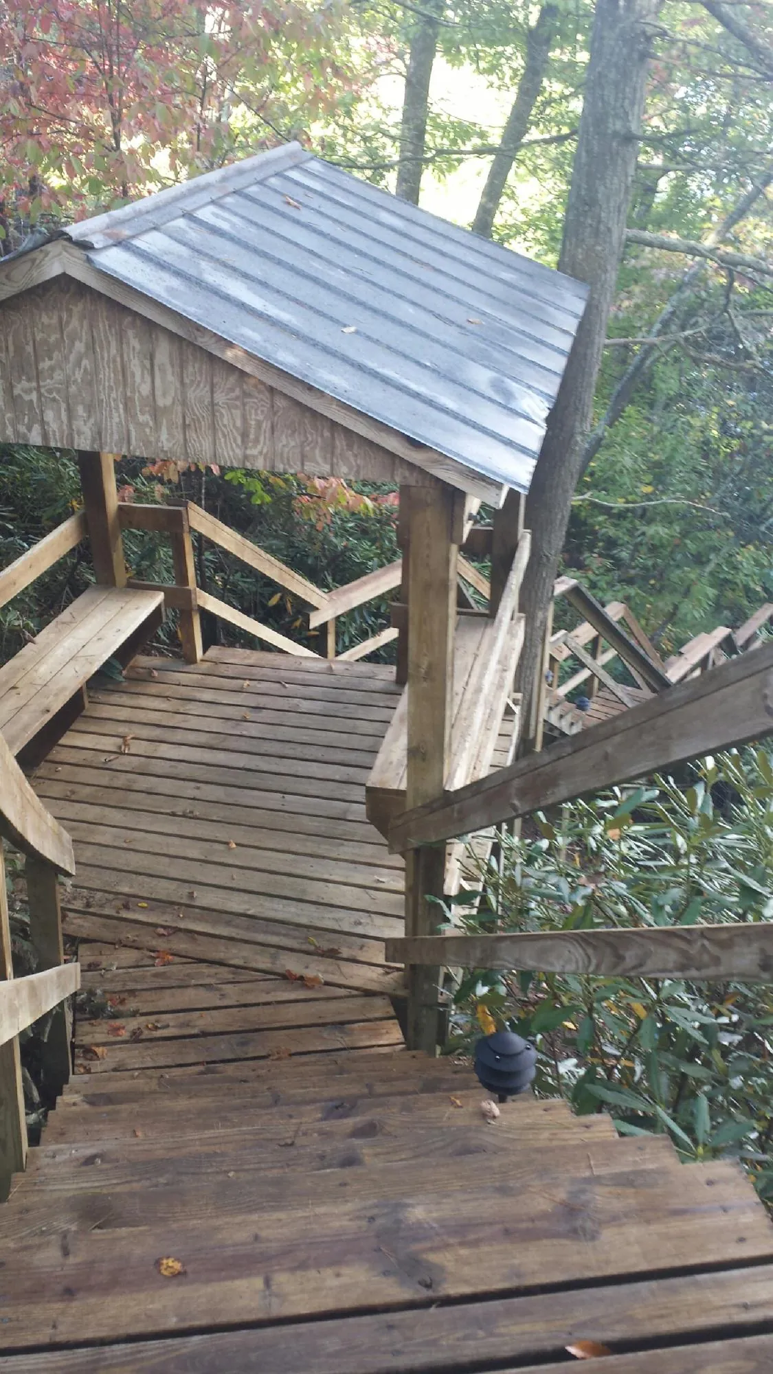 Metal roofed shelter over wooden steps on a wooded walkway — Skylight Repair & Installation work by our crew in Olney Springs